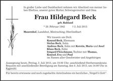 Traueranzeige Hildegard Beck