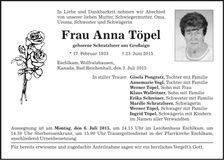 Traueranzeige Anna Töpel