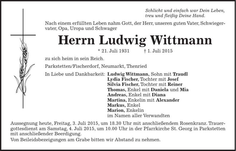 Traueranzeige Ludwig Wittmann