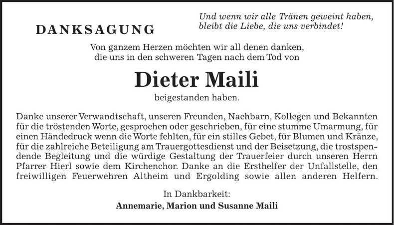 Traueranzeige Dieter Maili
