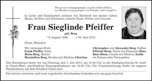 Traueranzeige Sieglinde Pfeiffer