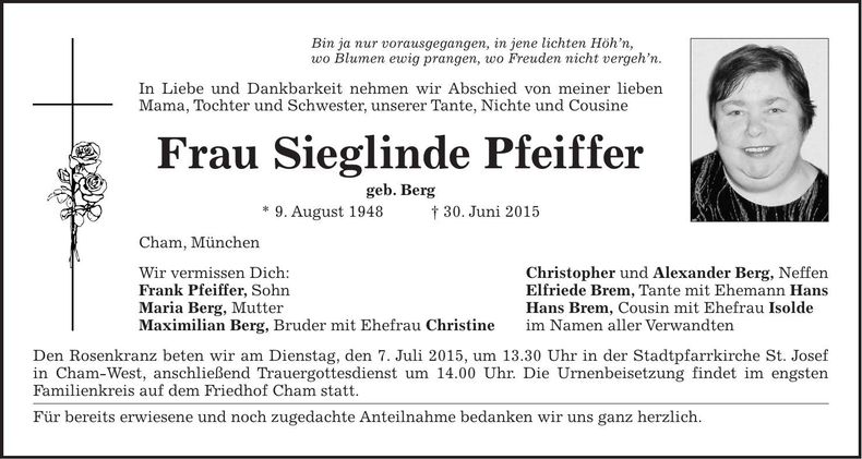 Traueranzeige Sieglinde Pfeiffer