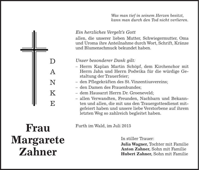 Traueranzeige Margarete Zahner