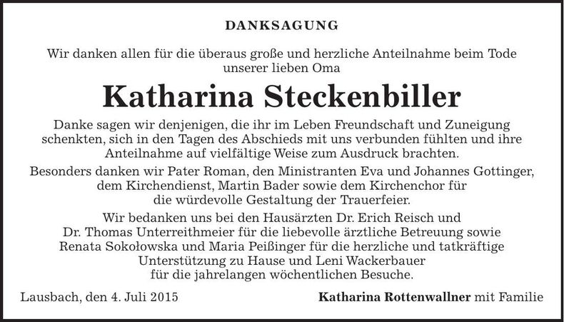 Traueranzeige Katharina Steckenbiller