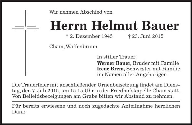 Traueranzeige Helmut Bauer