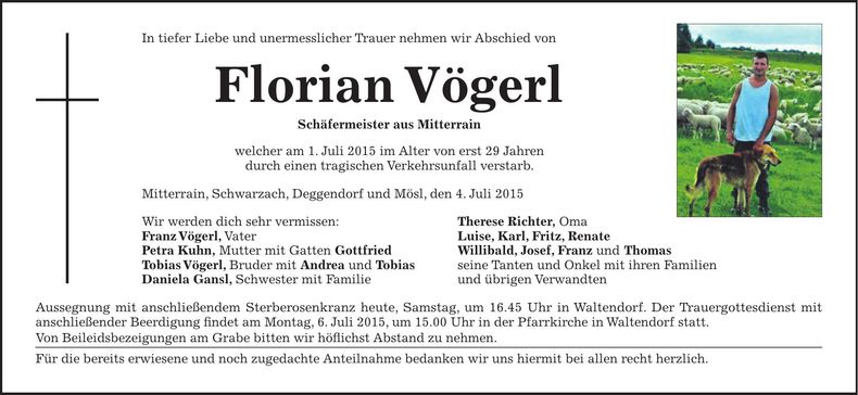 Traueranzeige Florian Vögerl