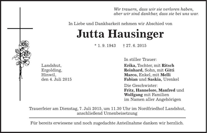 Traueranzeige Jutta Hausinger