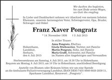 Traueranzeige Xaver Pongratz