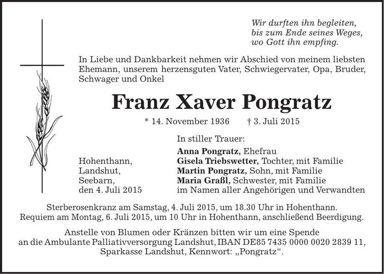 Traueranzeige Xaver Pongratz