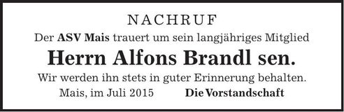 Traueranzeige Alfons senior Brandl