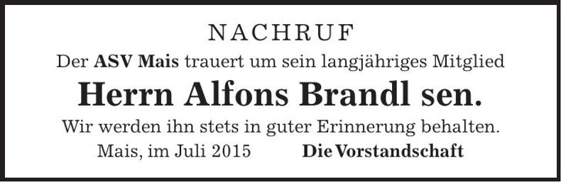 Traueranzeige Alfons senior Brandl