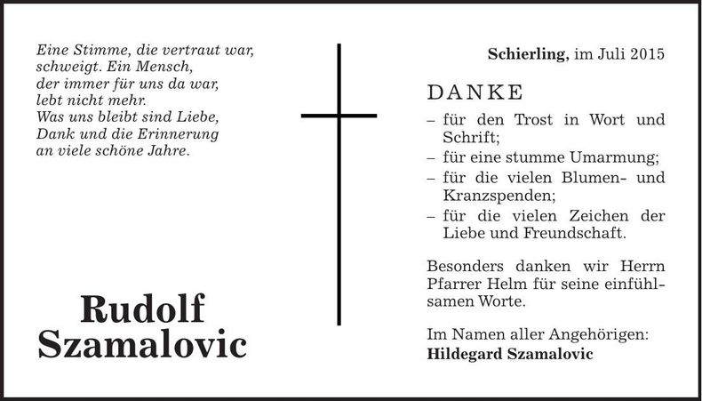 Traueranzeige Rudolf Szamalovic
