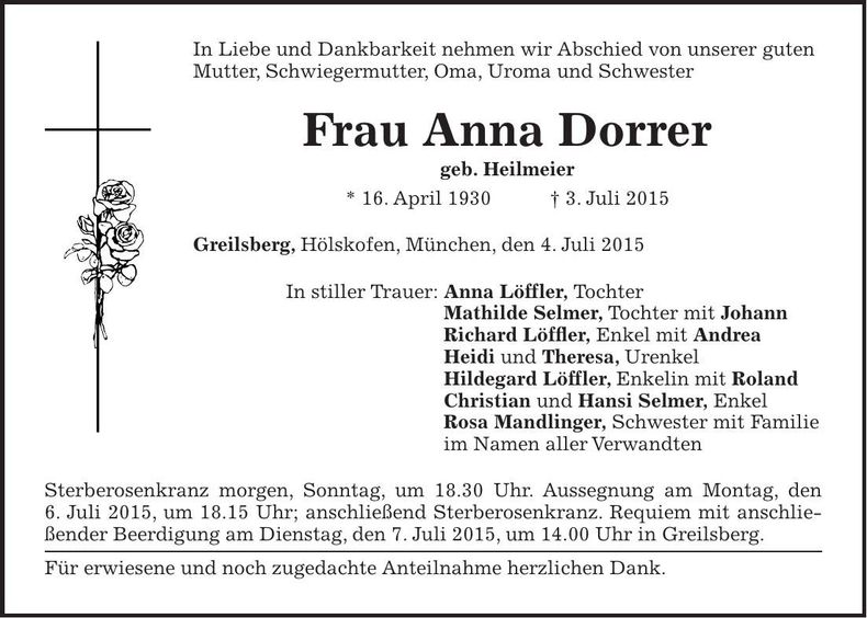 Traueranzeige Anna Dorrer