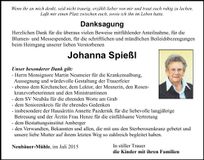Traueranzeige Johanna Spießl