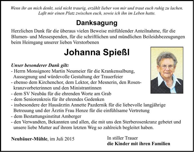 Traueranzeige Johanna Spießl