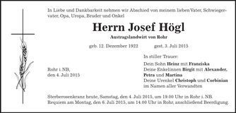 Traueranzeige Josef Högl