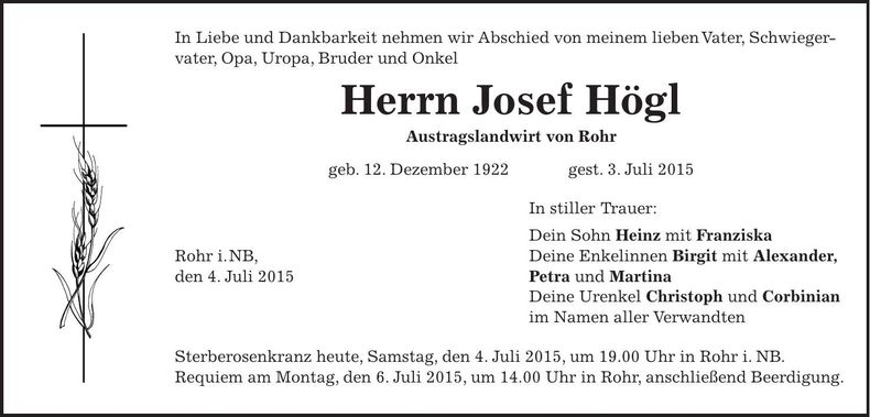 Traueranzeige Josef Högl
