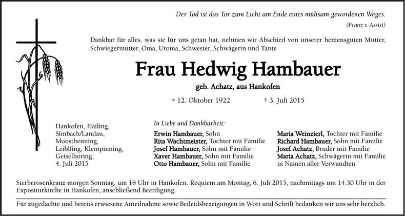 Traueranzeige Hedwig Hambauer