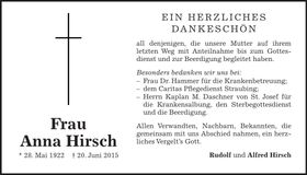 Traueranzeige Anna Hirsch