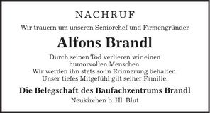 Traueranzeige Alfons Brandl
