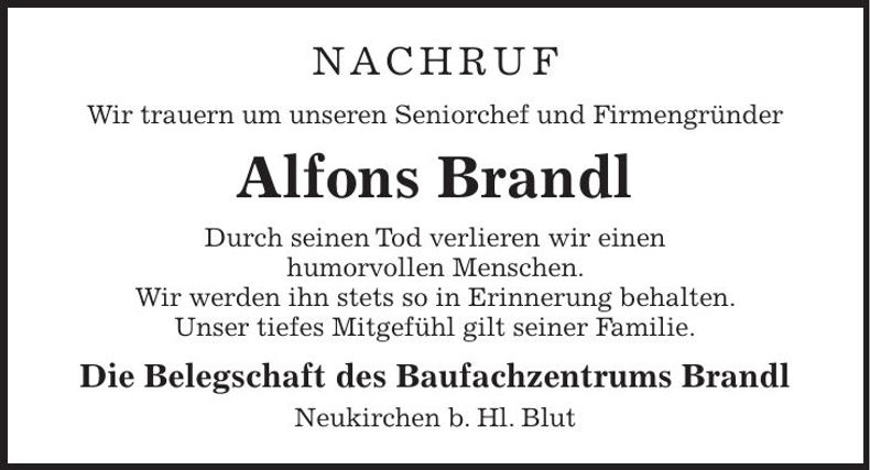 Traueranzeige Alfons Brandl