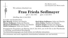 Traueranzeige Frieda Sedlmayer