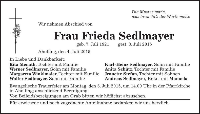 Traueranzeige Frieda Sedlmayer