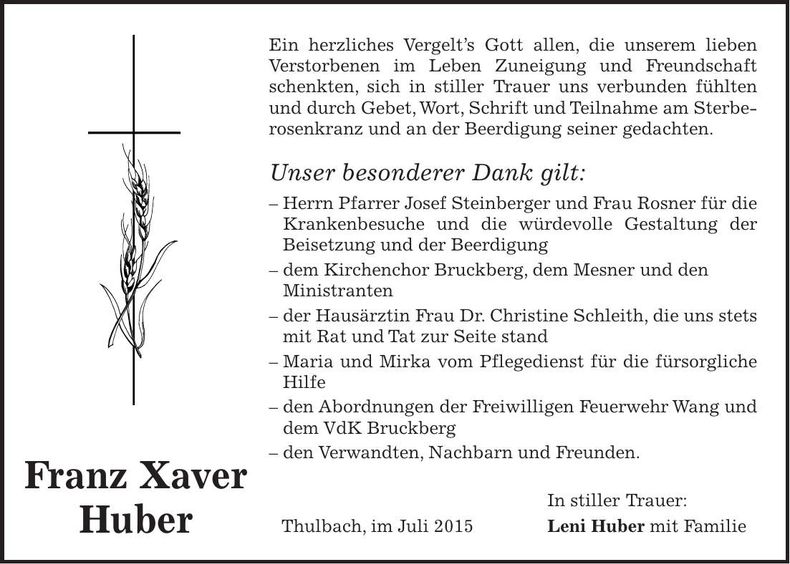 Traueranzeige Franz-Xaver Huber