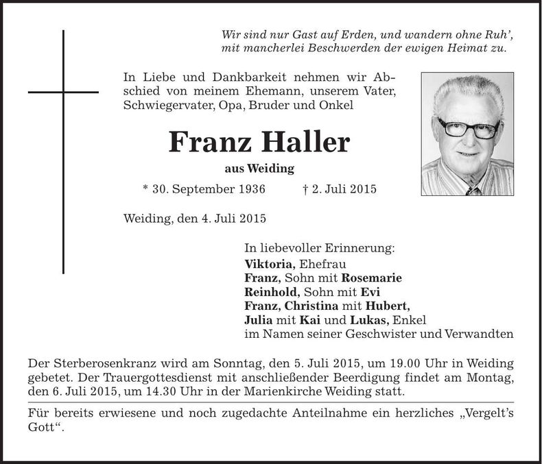 Traueranzeige Franz Haller