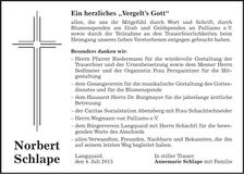 Traueranzeige Norbert Schlape