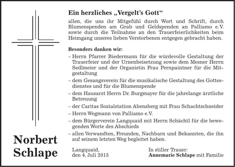 Traueranzeige Norbert Schlape