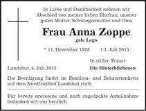 Traueranzeige Anna Zoppe