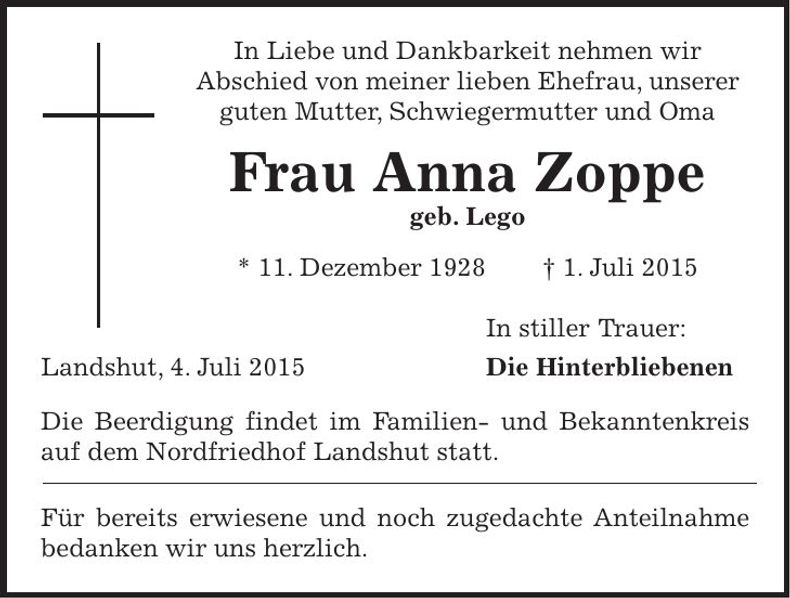 Traueranzeige Anna Zoppe