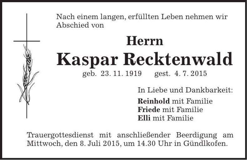 Traueranzeige Kaspar Recktenwald