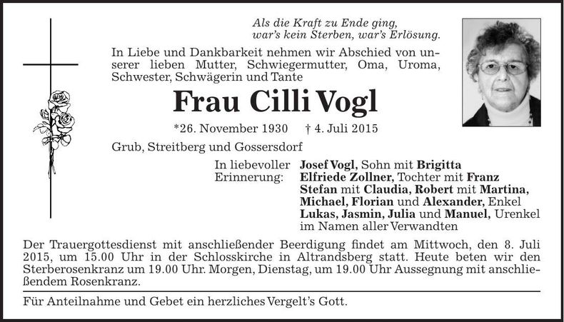 Traueranzeige Cilli Vogl