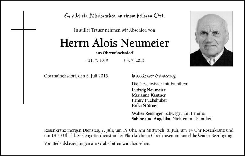 Traueranzeige Alois Neumeier