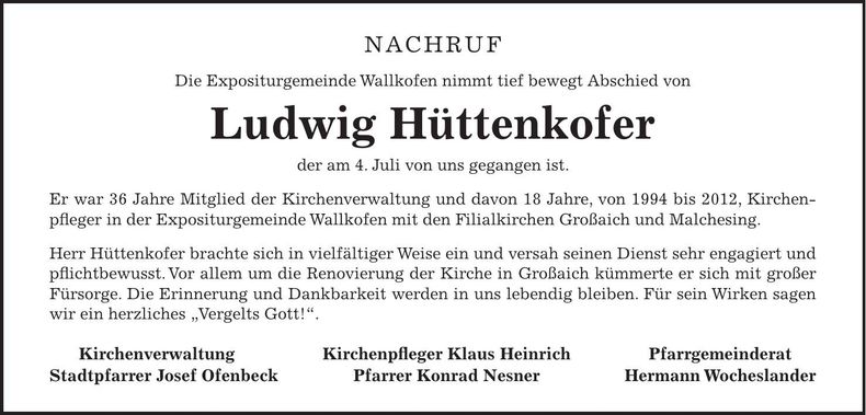 Traueranzeige Ludwig Hüttenkofer