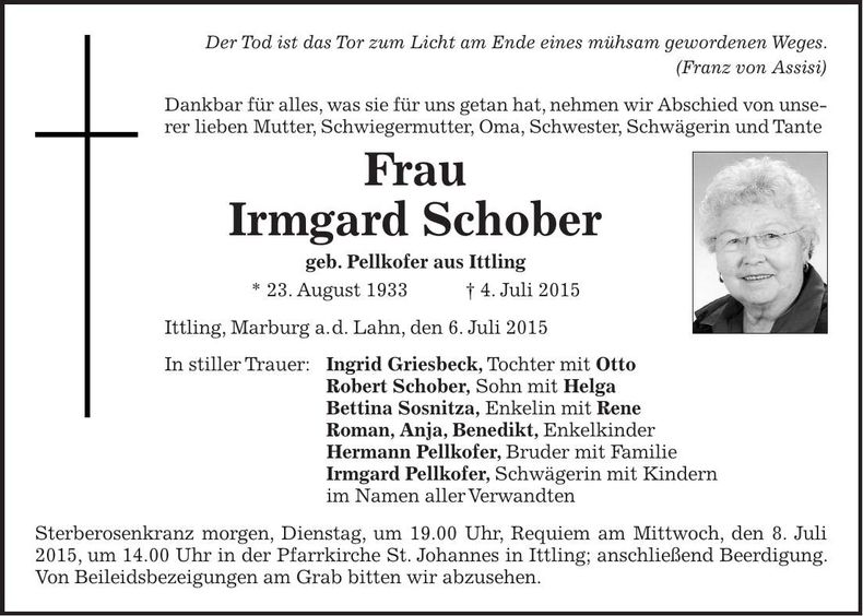 Traueranzeige Irmgard Schober
