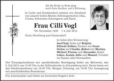Traueranzeige Cilli Vogl