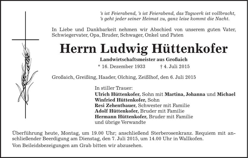 Traueranzeige Ludwig Hüttenkofer