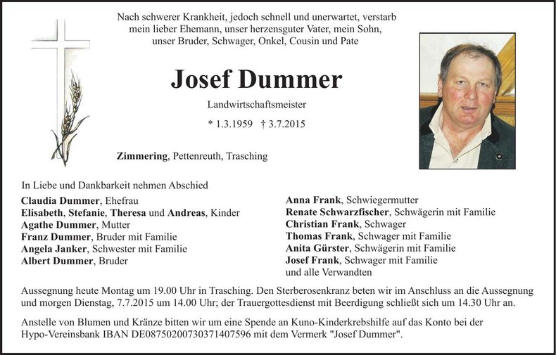 Traueranzeige Josef Dummer