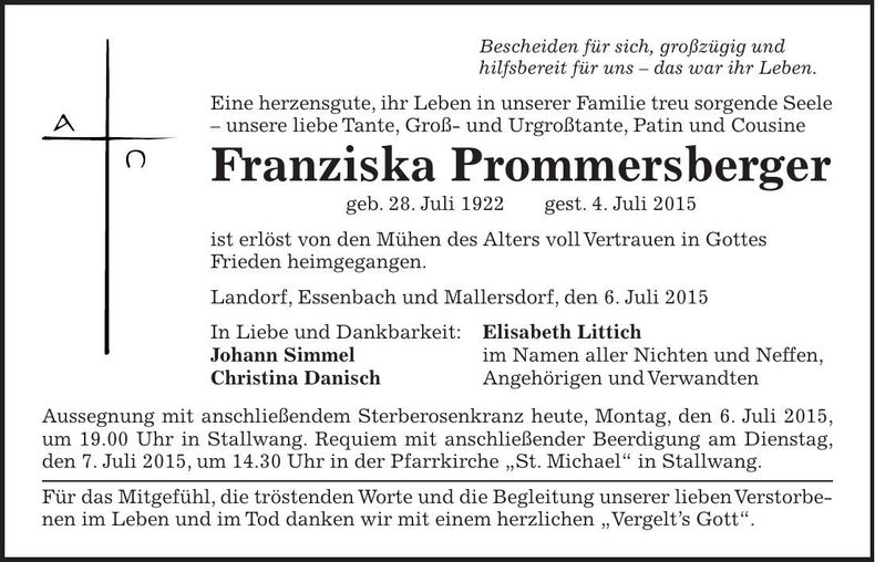 Traueranzeige Franziska Prommersberger