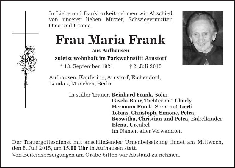 Traueranzeige Maria Frank
