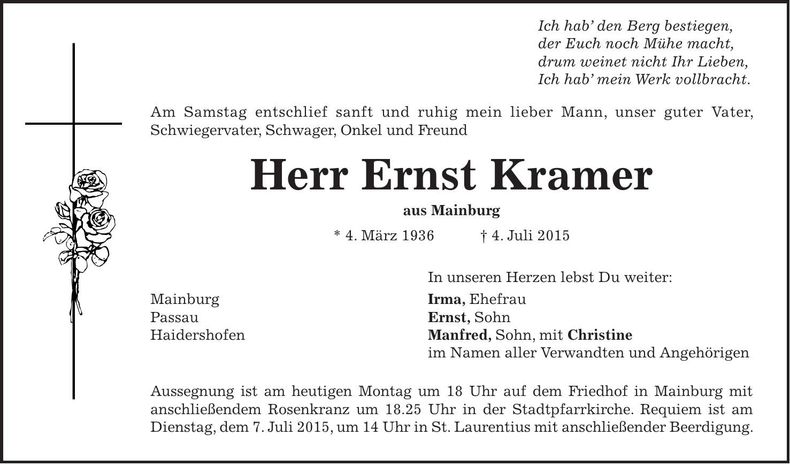 Traueranzeige Ernst Kramer
