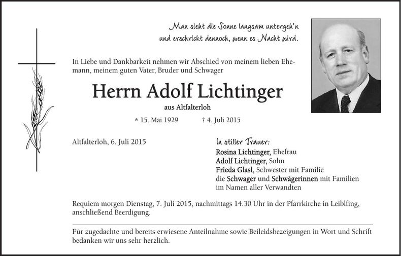 Traueranzeige Adolf Lichtinger