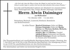 Traueranzeige Alwin Daiminger