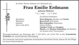 Traueranzeige Emilie Erdmann