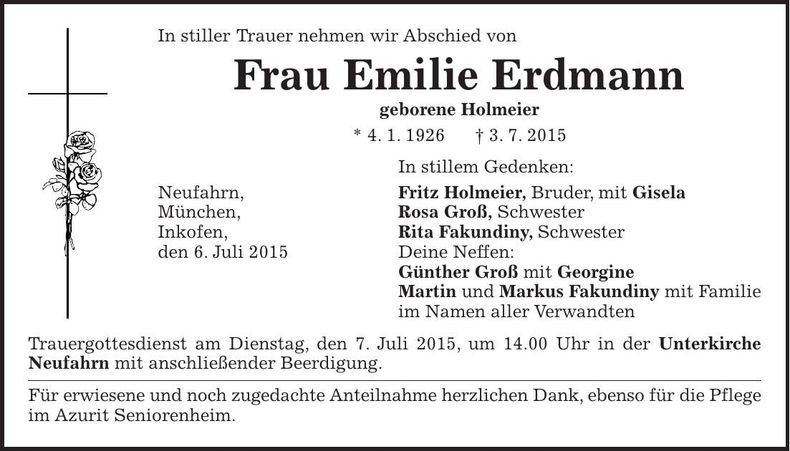 Traueranzeige Emilie Erdmann
