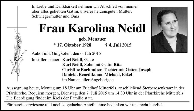 Traueranzeige Karolina Neidl