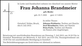 Traueranzeige Johanna Brandmeier